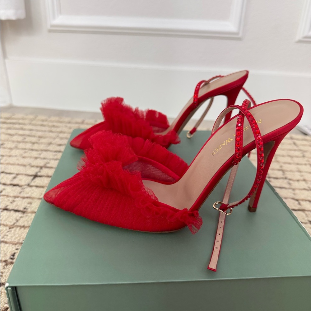 Andrea Wazen Red Satin Tulle Swarovski Heels – Originally $620